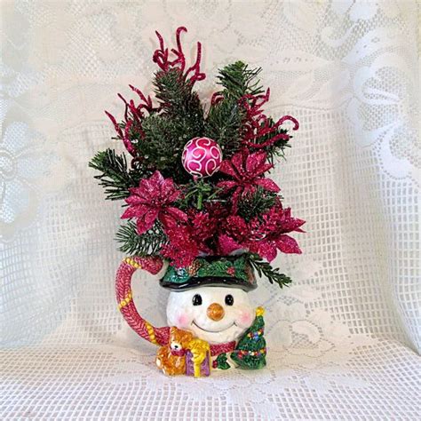 Christmas Floral Arrangement In A Coffee Mug Snowlady Mug With