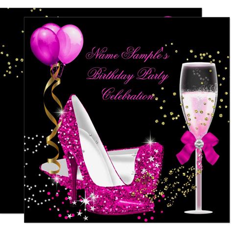 Hot Pink Gold Glitter Black Birthday Party Invitation Zazzle