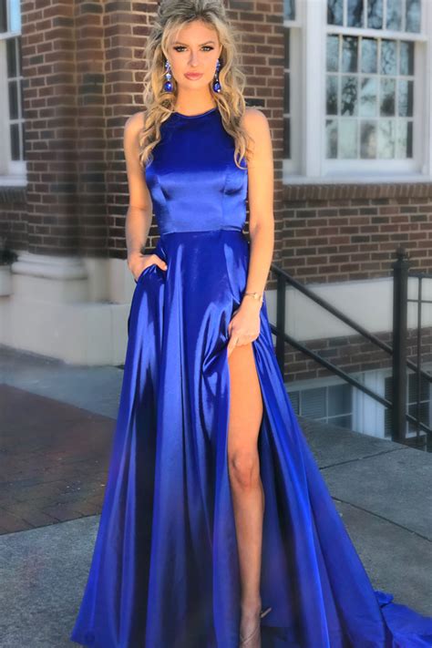 Simple A Line Royal Blue Long Prom Dress With Side Slit