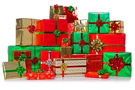 Tall Stack Of Christmas Presents Isolated On White Stock Photo Image