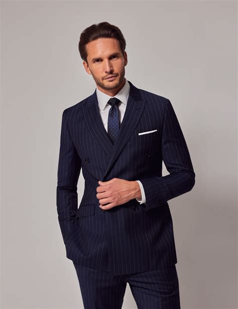 Mens Navy Chalk Stripe Double Breasted Slim Fit Suit Jacket Hawes