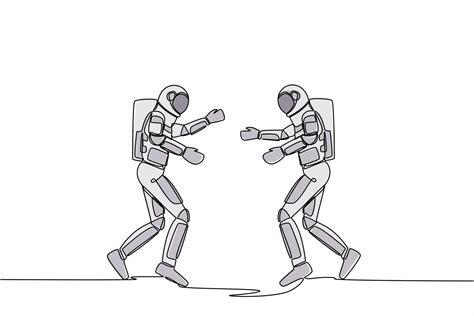 Single One Line Drawing Two Young Astronaut Running Face To Face While