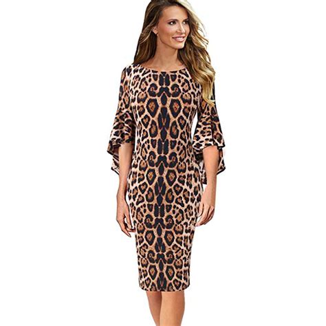 sexy leopard dress women lady leopard print half flare sleeve work party bodycon dress super