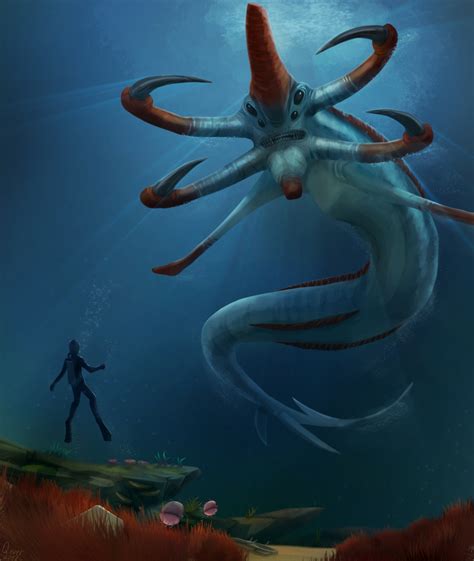 Reaper Leviathan Ryley Robinson And Bladderfish Subnautica Drawn By