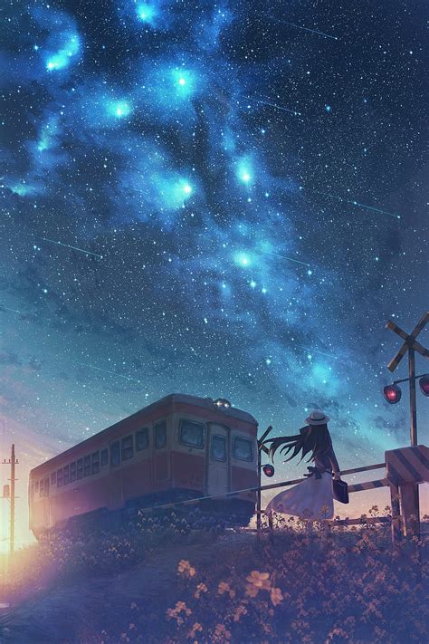 Railroad Car Night Anime Starry Sky Anime Girl Scenic Mood