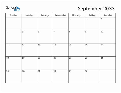 September 2033 Monthly Calendar Pdf Word Excel