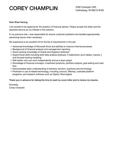 Financial Advisor Cover Letter Velvet Jobs