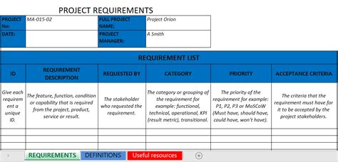 Project Requirements Gathering Template Excel Template Free