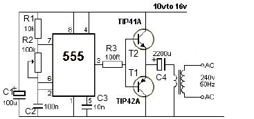 In this diagram we can see that we use a 12 voltage battery. 12V power inverter circuit using 555 timer