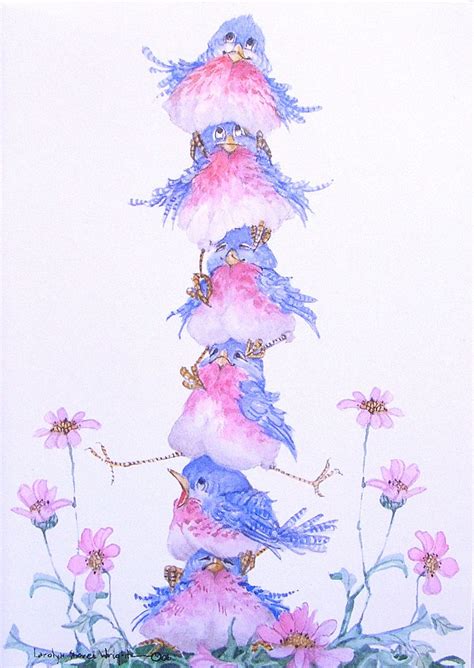 Carolyn Shores Wright ~ Stacked Blue Birds And Pink Flowers Funny Birds