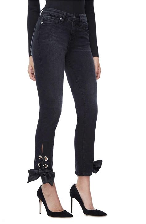 Good American Good Straight Ankle Lace Skinny Jeans Black 010