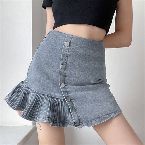 Rapcopter Y2k Pleated Jeans Skirts Button Ruffles Cute Denim Skirts