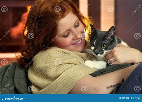 happy redhead girl with cat stock image image of looking affectionate 36937213