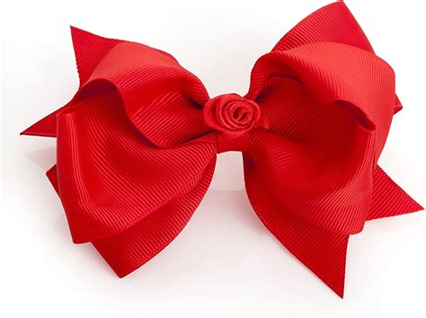 large 12 cm red grosgrain hair bow with central flower detail on clip uk beauty