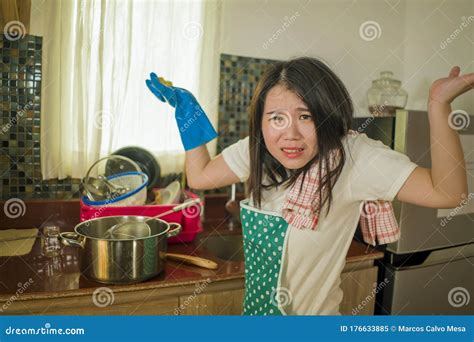 Cook And Wash Overwork Young Tired And Stressed Asian Chinese Woman