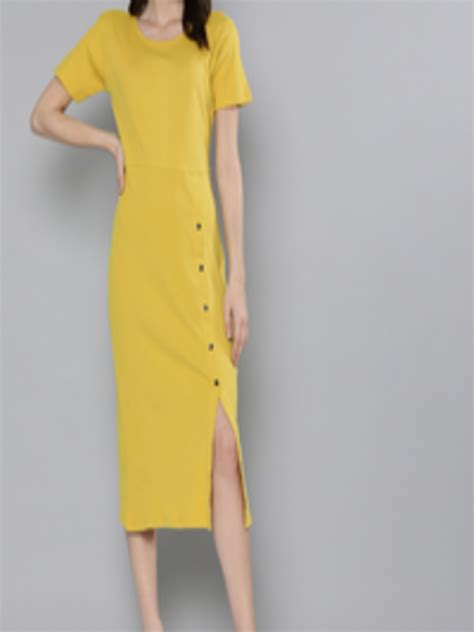 Buy Hereandnow Women Mustard Yellow Solid Pure Cotton Sheath Dress Dresses For Women 13651962