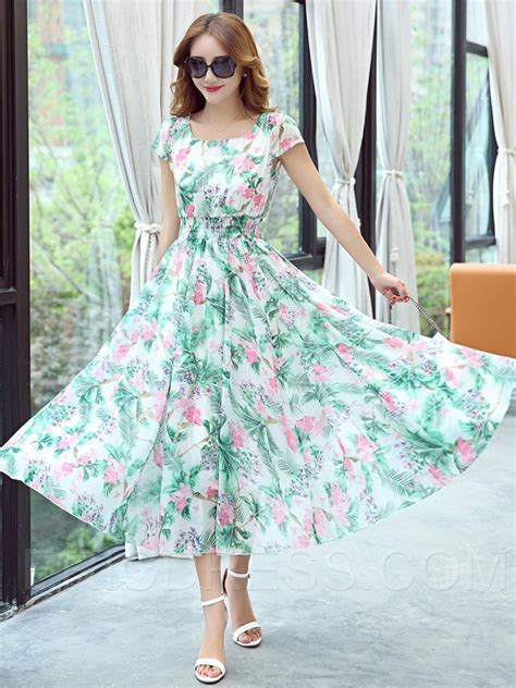 Ericdress Flower Print Expansion Round Neck Short Sleeve Maxi