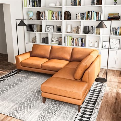 Modern Milton Cognac Tan Top Leather Corner Sectional Sofa Right