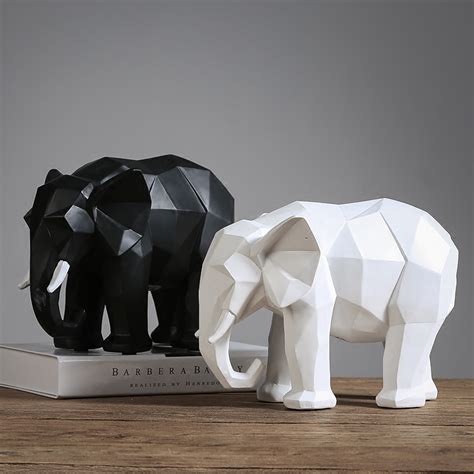 Modern Abstract Black White Elephant Geometric Resin Elephant Statue