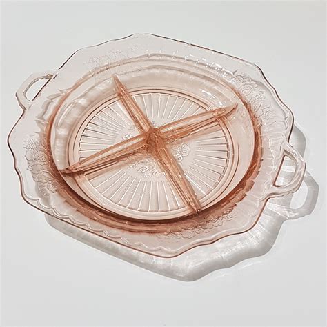 Vintage Anchor Hocking Mayfair Open Rose 4 Part Divided Relish Dish Pink Depression Glass