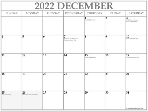 December Calendar 2022 With Holidays Printable Printable Word Searches