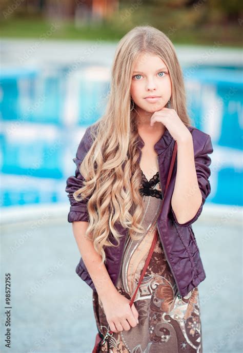 Beautiful Blonde Girl Year Old Posing Over Swimming Pool Outdoors