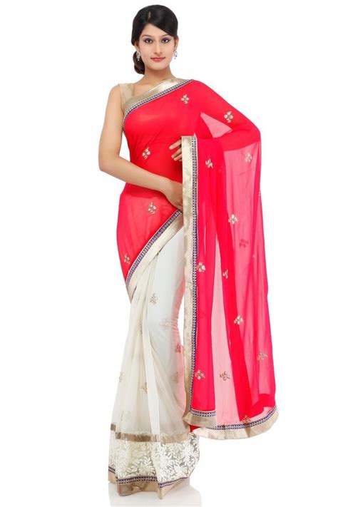 this half and half saree is graced with embroidered glistening butties and broad white