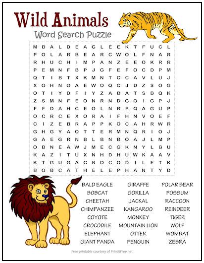 Wild Animals Word Search Puzzle Print It Free