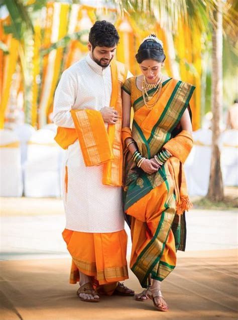 Pin By Prachi Mahajan On Nauvari Saree Wedding Saree Indian Wedding Outfits For Groom Couple