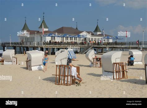 Beachchairs And Pavilion In Ahlbeck Beach Island Of Usedom Mecklenburg Western Pomerania Stock
