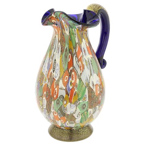 Murano Glass Vases Murano Millefiori Gold Art Glass Pitcher Carafe Cobalt Blue