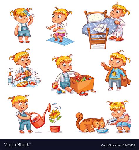 Young kids thrive on a routine as it enables them to make the most of their time and achieve effective results. Cartoon kid daily routine activities set Vector Image