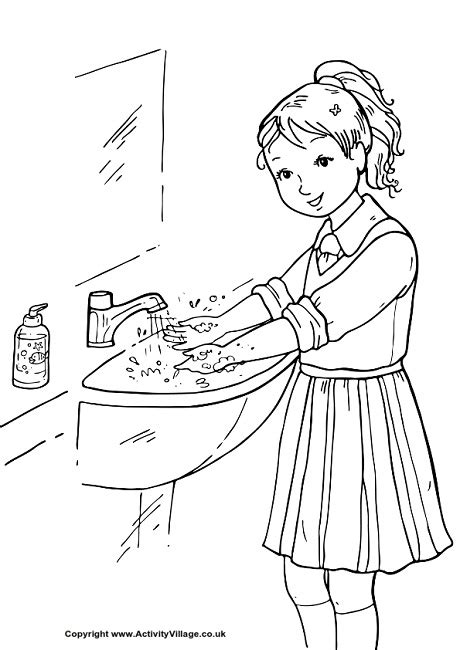Sneezing, blowing your nose or coughing. Wash Your Hands Colouring Page