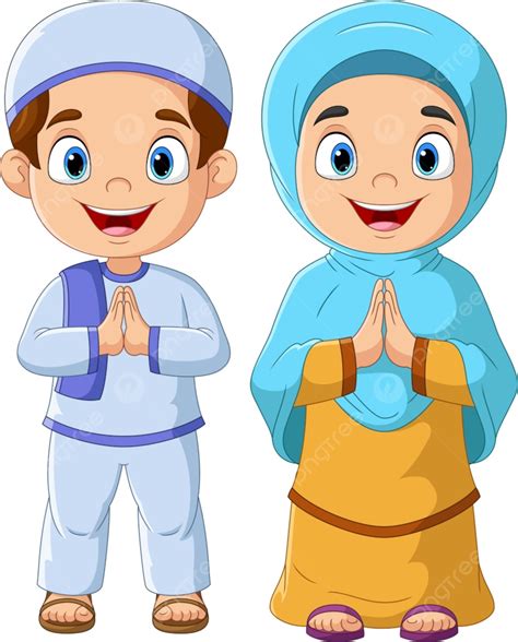 Happy Muslim Boy And Girl Cartoon Male Hijab Islamic Png And Vector