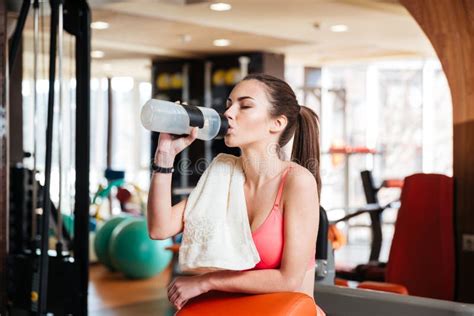Woman Athlete Drinking Water On Training In Gym Stock Photo Image Of