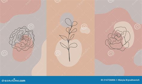 Vector Minimalist Style Plants Rose Line Flower Nude Colors Hand Drawn Abstract Print Stock