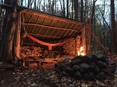 A Lean To With Hammock And Reflective Fire Bushcraft Shelter