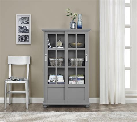 Ameriwood Home Aaron Lane Bookcase With Sliding Glass Doors Soft Gray