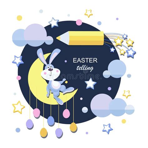 Easter Telling Cute Easter Bunny Sits On The Moon Emblem Stock Vector