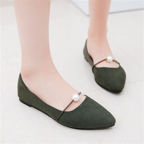 Spring Summer Women Cute Black Flat Shoes Lady Plus Size Pearl Flats