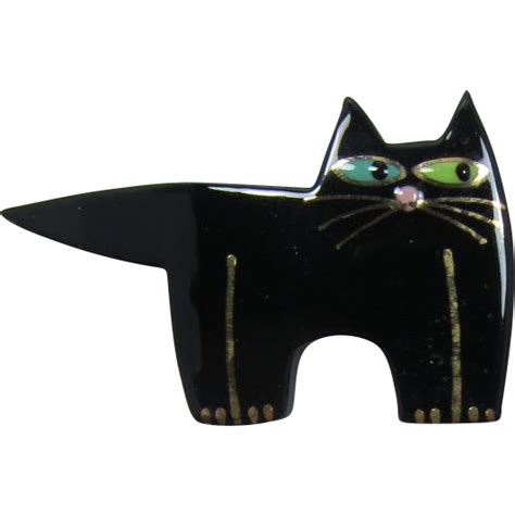 Black Ceramic Cat Pin With Green And Turquoise Eyes