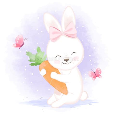Baby Rabbit Eating A Carrot And Carrots In Basket Hand Drawn Cartoon
