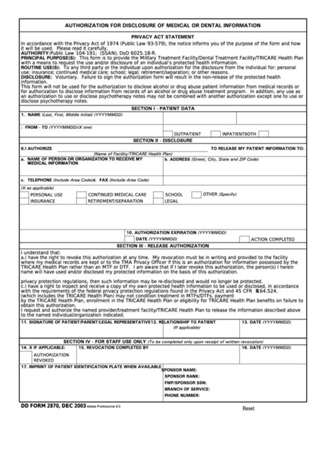 Fillable Dd Form 2870 Authorization For Disclosure Of Medical Or