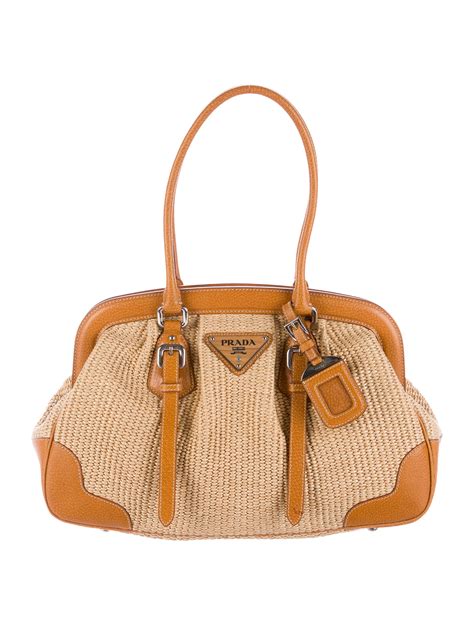 Prada Leather Trimmed Straw Tote Neutrals Shoulder Bags Handbags