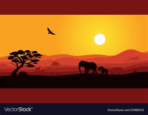 Safari Africa Sunset With Wild Animal Silhouette Vector Image