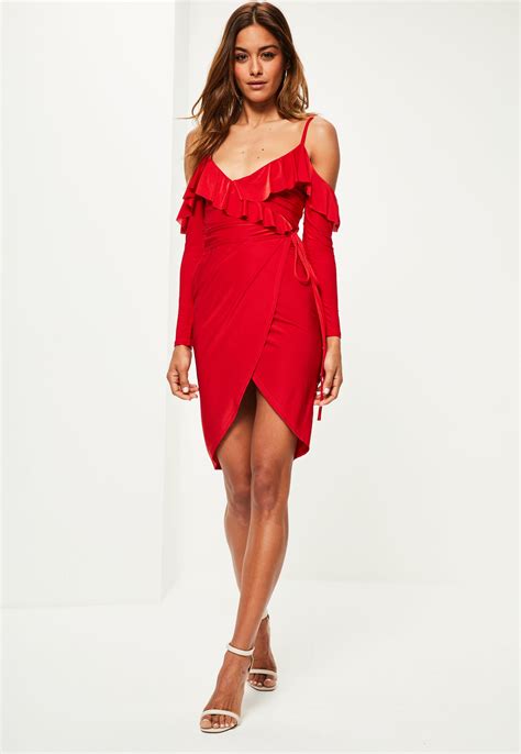 Lyst Missguided Red Slinky Frill Cold Shoulder Midi Dress In Red