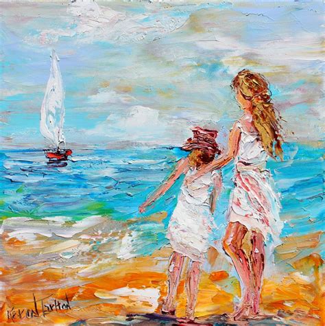 Original Oil Painting Summer Beach Girls Boat On Canvas By