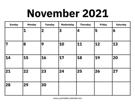 November 2021 Calendar A Printable Calendar