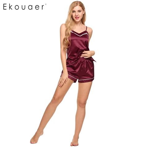 Ekouaer Women Satin Pajamas Set Summer V Neck Sleeveless Cami And