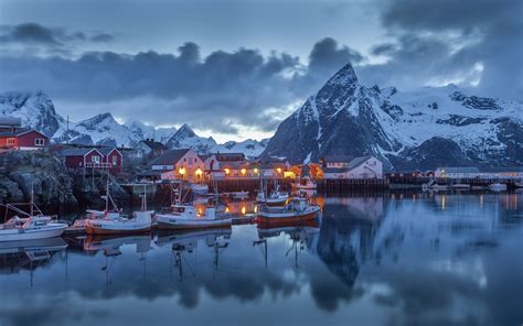 桌布 挪威，碼頭，船，房屋，山脈，雪，冬，夜 1920x1200 Hd 高清桌布 圖片 照片